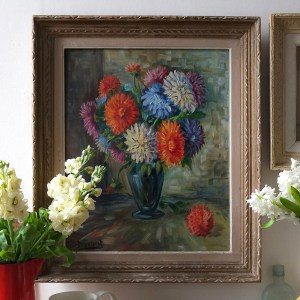 " Dahlias" Vintage French Oil Painting