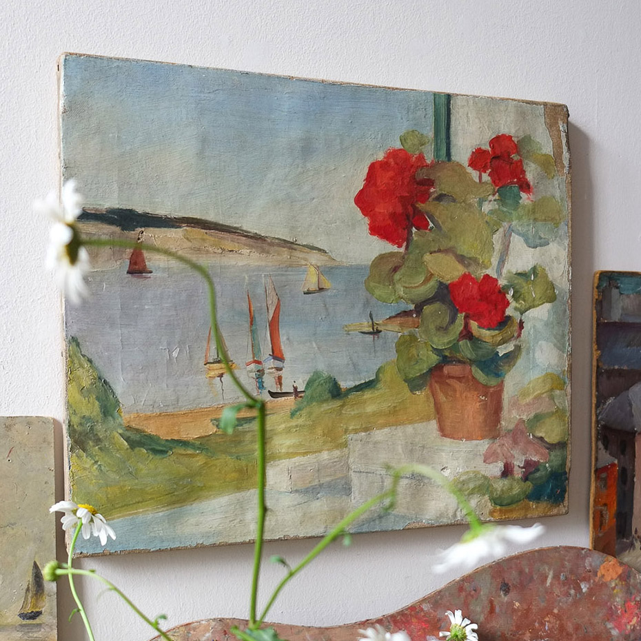 "A Harbour with Boats & Red Geranium" 1930s Oil on Canvas Painting - Image 5