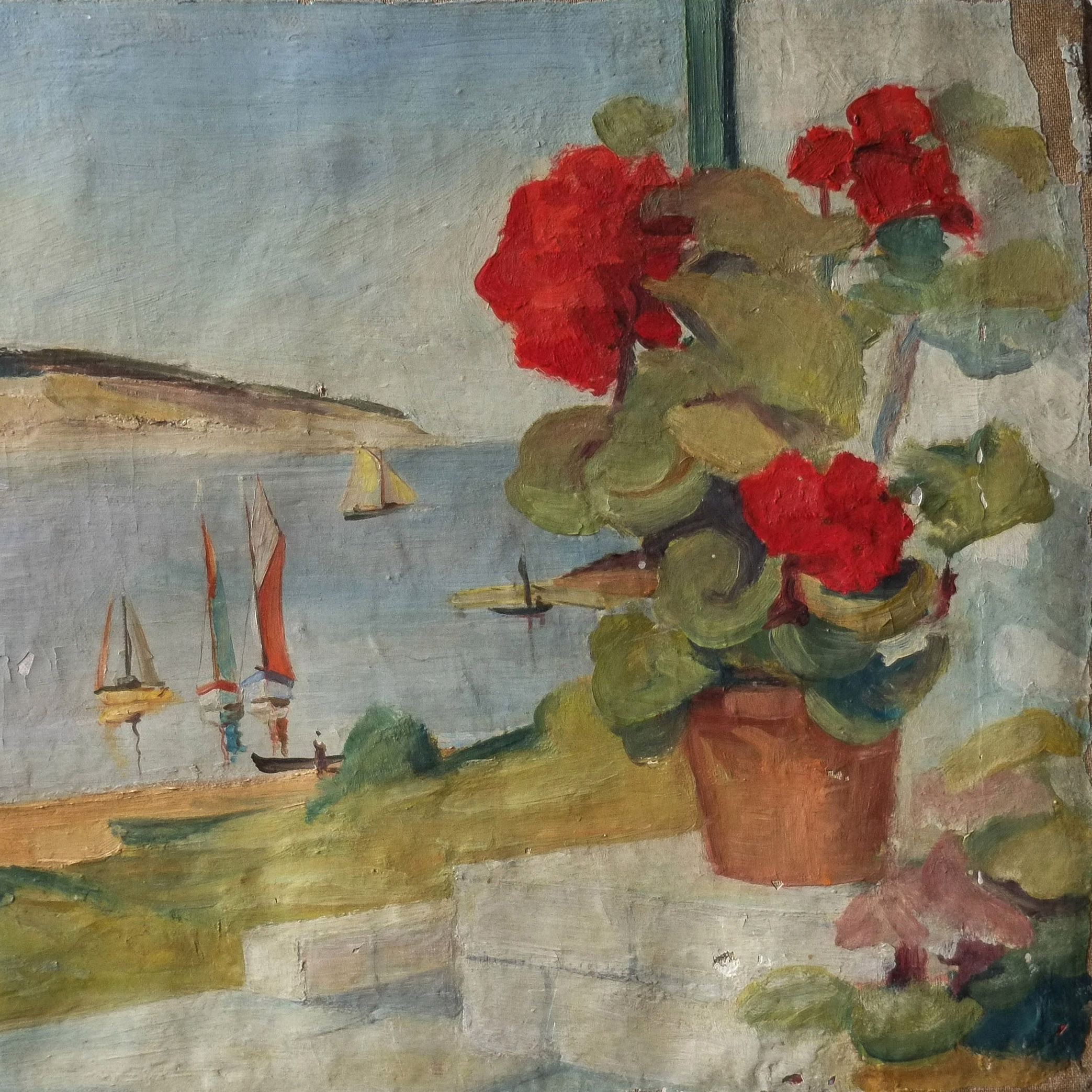 "A Harbour with Boats & Red Geranium" 1930s Oil on Canvas Painting - Image 3