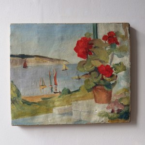 "A Harbour with Boats & Red Geranium" 1930s Oil on Canvas Painting