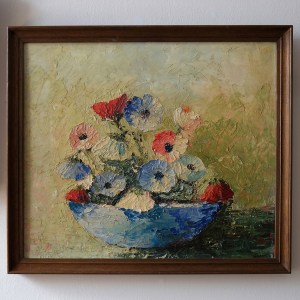 "A Bowl of Anemones" Mid-century Oil Painting